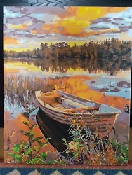 Buy Autumn Lake Sunset And Boat Acrylic Painting On Canvas • 20£