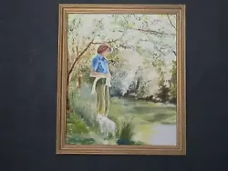 Buy Impressionist Oil Painting, Boy Fishing, River, Scottish Terrier Dog, Original • 43.59£