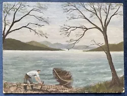Buy Vintage Oil On Board Painting - Lakeside Scene With Boat, Mid-C20th, 8” X 6” • 14£