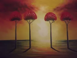 Buy Abstract Forest Red Trees Large Oil Painting Canvas Modern Landscape Art 20x24  • 25.95£