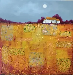 Buy House On Golden Yellow Patchwork Field, Original Acrylic Mixed Media Painting • 375£