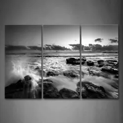 Buy Black And White Sea Wave Rush Into Stone Wall Art Painting Pictures Print On Can • 68.30£
