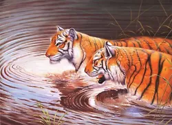 Buy Handmade Tiger Painting Of Couple Tiger In Water Fine Art On Paper 16x12 Inches • 5,274.33£