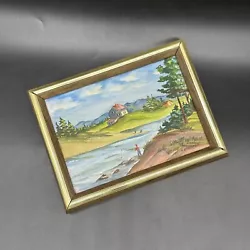 Buy Vintage Painting Landscape Fishing Man Wood Frame Art Wall Hanging River Outdoor • 26.77£