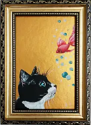 Buy Black Cat And Fish Oil Painting Gold Art Framed Black White Cat Original Framed • 39.81£