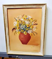 Buy Vintage Painting Framed In Wood Wild Flowers In Vase Daisies Queen Anne's Lace • 33.18£