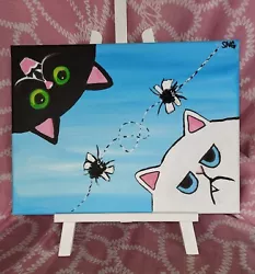 Buy 2 Silly Cats Black & White Acrylic Painting 9x12 Stretched Canvas Original • 25.59£