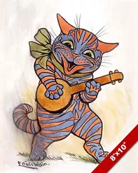 Buy Orange & Blue Cat Playing Music Guitar Louis Wain Painting Art Real Canvas Print • 14.17£