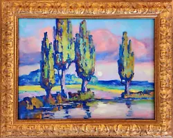 Buy American Southwestern Landscape Original Oil Painting In Gold Frame Moon Clouds • 896.80£