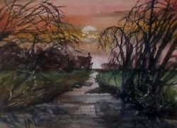 Buy ACEO Original Painting Landscape Sunset River Trees Fields Art Birds Watercolour • 6£