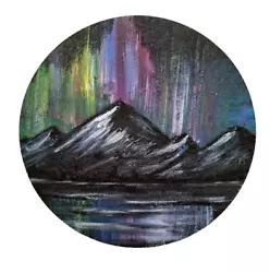 Buy Original Mountain Aurora, Northern Light Hand Painted Round Wooden Board 10 Cm • 9.77£