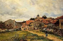 Buy Oil Painting Edmond Marie Petitjean - The Village Road Landscape Hand Painted • 61.50£