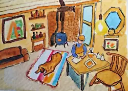 Buy ACEO Original- Dog Man Wood Fireplace In Cabin -Watercolor 2.5 X 3.5 Signed • 10.87£