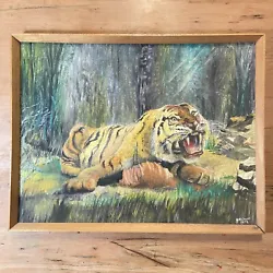 Buy Vintage 70’s Tiger Feeding Painting Acrylic On Board With Wood Frame 51cm X 39cm • 49.99£
