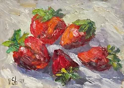 Buy Strawberry Original Oil Painting Still Life Berries Impression Kitchen Art  5x7  • 37.21£