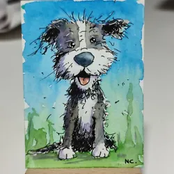 Buy ACEO Original Dog Watercolour Happy Little Cartoon Black White Dog Painting • 10£