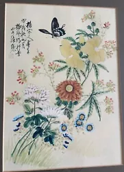 Buy Chinese Watercolour Painting Flowers & Butterfly Mounted + Frame Chinese Signed • 100£