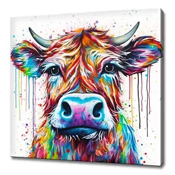 Buy Colourful Highland Scottish Cow Cattle, Watercolour Painting Style Canvas Print • 128£