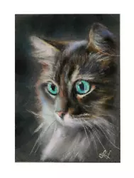 Buy Miniature Drawing  Emerald Eyes Cat , Original Pastel By The Artist • 29.98£
