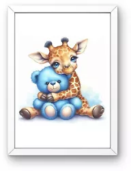 Buy Printable Digital Wall Art, Baby Giraffe And Teddy Nursery Wall Art Download • 0.99£