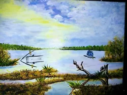 Buy Amelia Island Fishing The Marsh Scene Oil Painting Original Framed Local Artist • 124.32£