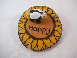 Buy Rustic Hand Painted Wooden Discs. Bee  Happy With Sunflower Mini Pictures. • 4.90£