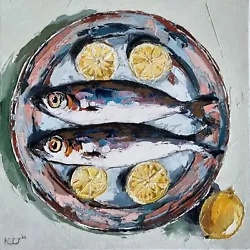 Buy Original Oil Painting Still Life Artwork Fish Sardines Lemon Kitchen Art 8x8  • 125£