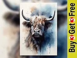 Buy Charming Highland Cow Watercolor Print - Rustic Farmhouse Wall Art 5  X 7  • 4.99£