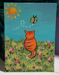Buy Aceo Original Art Painting Orange Cat Ginger Flowers Butterfly Sun Summer OOAK  • 2.51£