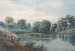 Buy English School Original C19 Antique Watercolour Painting Fishing Lake Landscape • 41£