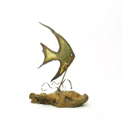 Buy Vintage 70's Brutalist Metal Torch Cut Fish Sculpture Burl Wood Base • 14.21£