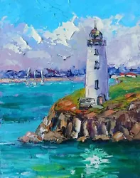 Buy Seascape Oil Painting Original Art Lighthouse Painting On Canvas Board 25x20cm • 50.25£