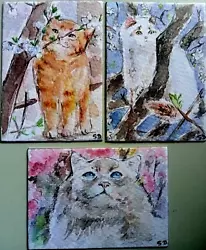 Buy ACEO Original Painting 3 Pcs Lot Art Card Animal Cat Hand Painted • 24.81£