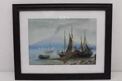 Buy Antique Watercolour Painting Depicting Naples Bay Looking Onto Erupting Volcano • 56.95£