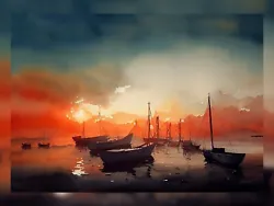 Buy Moored Boats On A Lake At Sunset,  Print Of Original Watercolour Painting • 4.99£