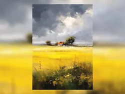 Buy Grey Clouds Over Yellow Flower Field Oil Painting Print 5 X7  • 4.99£