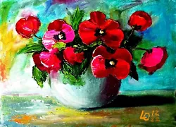 Buy Original Oi Painting Pink Red Violas Flower Palette Knife 15x20 Mini Art Floral • 46.51£