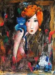 Buy Original Acrylic Pop Surrealism  Expressionism Art Portrait Cat & Woman Painting • 48.84£