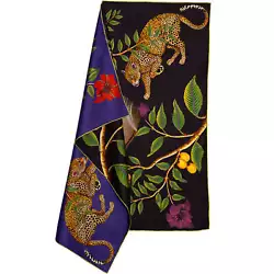 Buy Blue & Black Silk Scarf With Elephant Leopards & Red Flowers - African Design • 284.17£