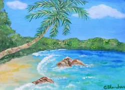 Buy Original Mini Seascape Acrylic Painting On Canvas Beach Palm Tree Landscape • 17£