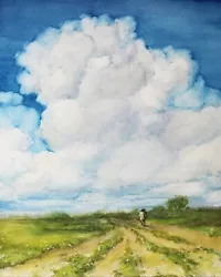 Buy Summer Sky Landscape  Watercolor Painting Original Art Man On Road Field Clouds • 140.57£