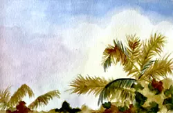 Buy 1989 Vintage Desert Palm Watercolor Art Garden Plants Sky Clouds Green MCM Chill • 33.49£