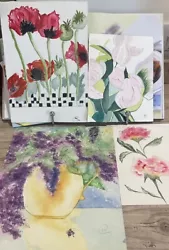Buy 4  Hand Painted Watercolour Flower Pictures Signed By Artist • 5.99£