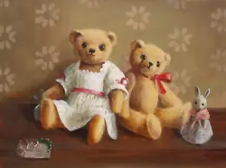 Buy Deborah Jones - Original Oil Painting - Teddy Bears & A Rabbit. Still Life. • 475£