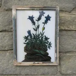 Buy Rare Reverse Glass Painting In Decorative Art Deco Frame Blue Gentian Botany • 18£