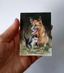 Buy Original Not A Print, ACEO Watercolour Miniature Signed. Dog & Cat .Collectable. • 8£
