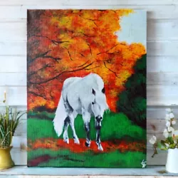 Buy Original Acrylic Painting On Canvas White And Grey Horse In Autumn Field • 78£
