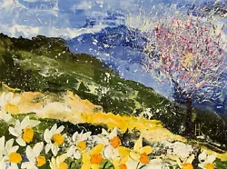 Buy Daffodils Painting Mountains Original Art Carpathians Oil Impasto Artwork • 115.76£