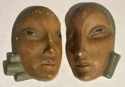 Buy 2 Antique Art Deco Roman Art Chalk Ware Terracotta Woman Face Mask Wall Hanging • 82.88£