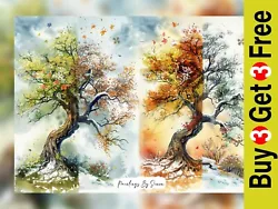 Buy Enchanting Tree Four Seasons, Watercolor Painting Print 5 X7  On Matte Paper • 4.99£